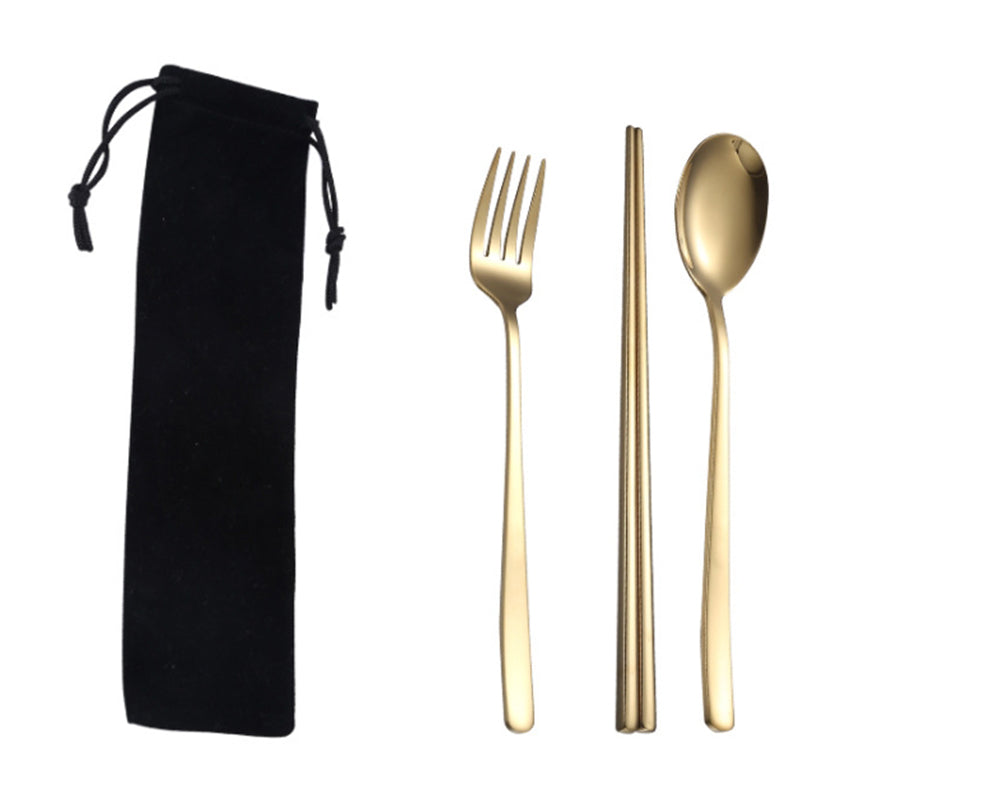 Custom Logo Korean stainless steel tableware 3-piece set (black drawstring pocket) | Premium Corporate Gifts and Custom Gifts