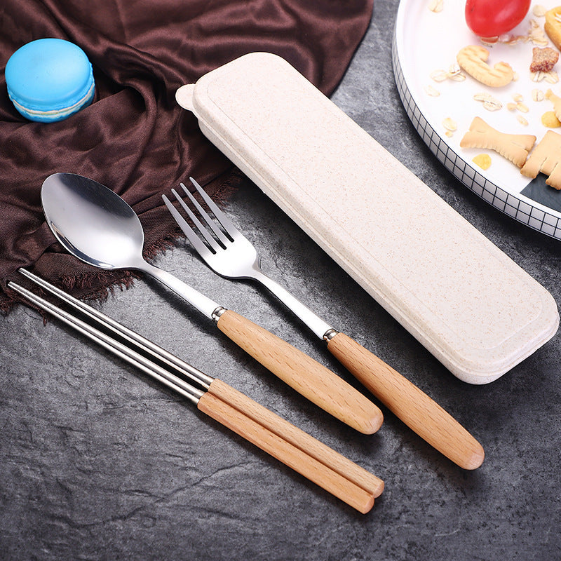 Custom Logo Wheat Wooden Handle Stainless Steel Eco-friendly Tableware 3-Piece Set | Premium Corporate Gifts and Custom Gifts