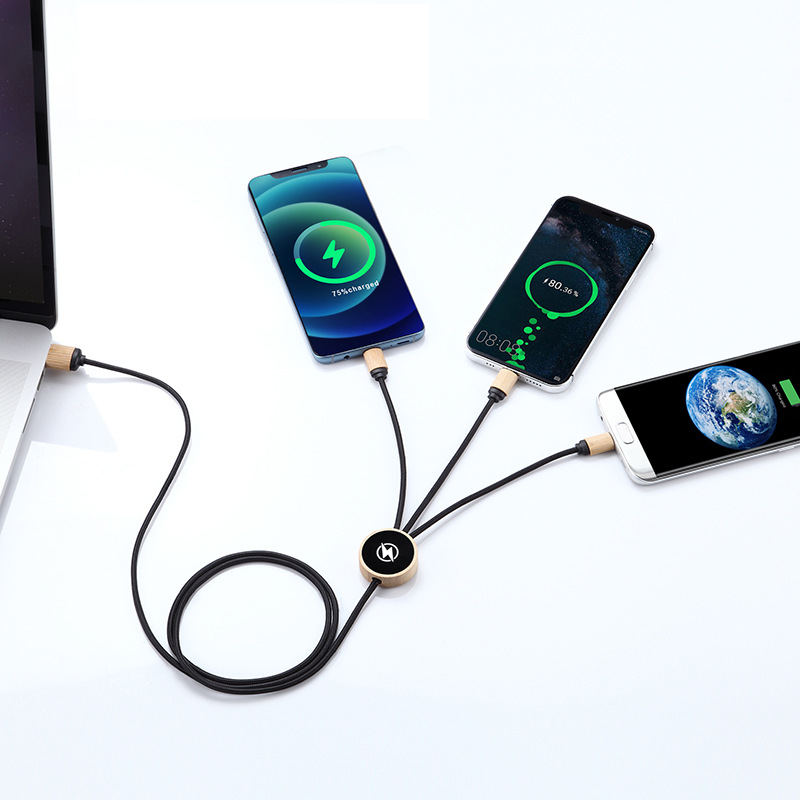 Custom Logo One drag three bamboo and wood data cable charging cable | Premium Corporate Gifts and Custom Gifts